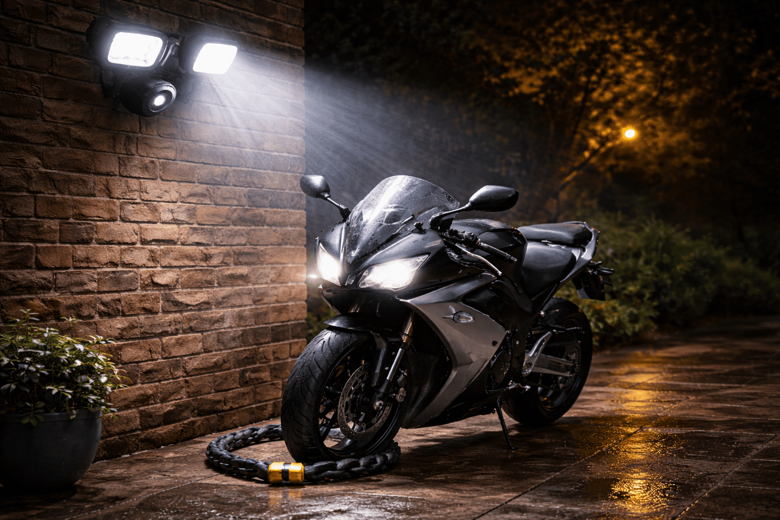 Security light illuminating a motorcycle